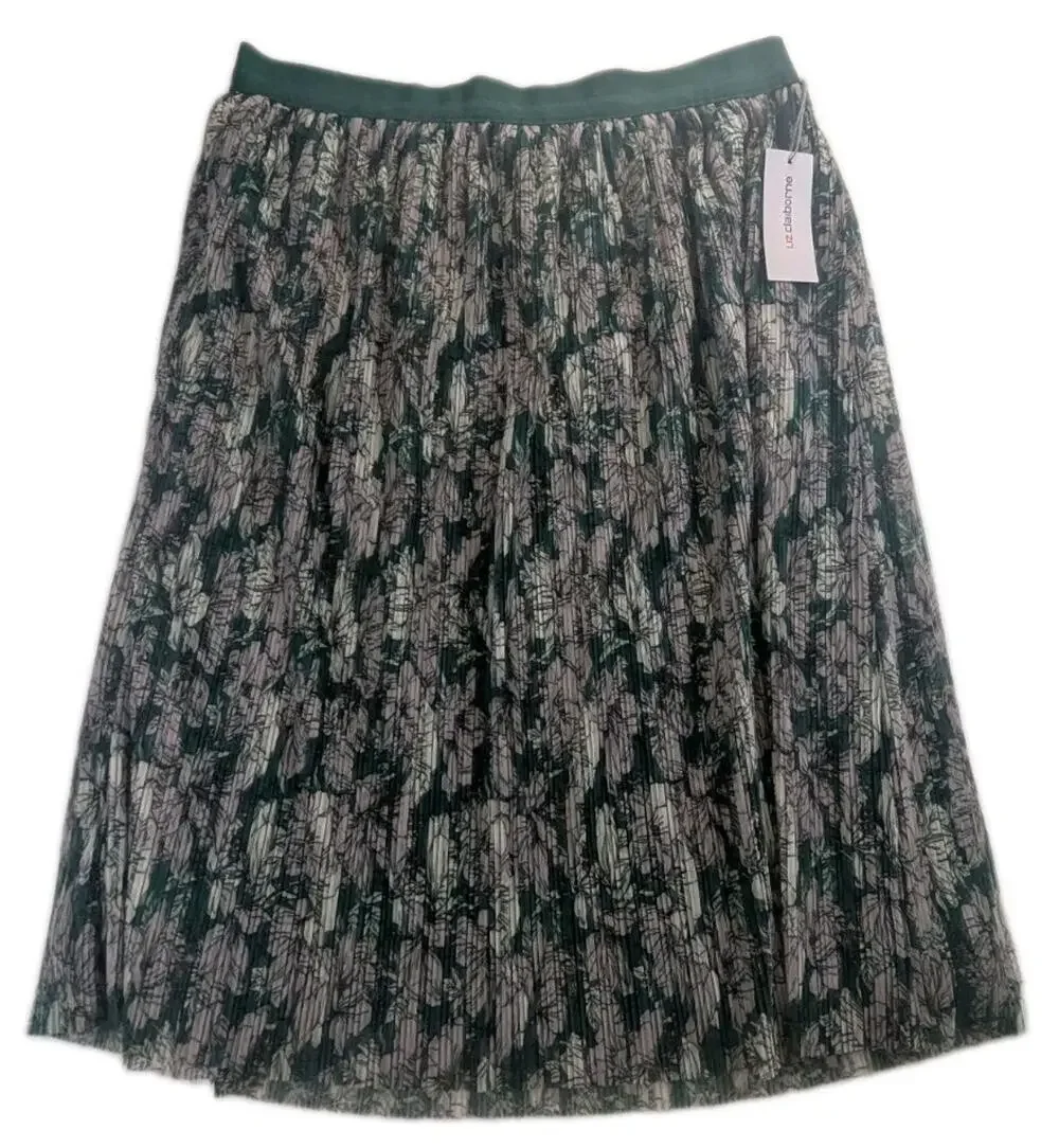 Liz Claiborne Women's Size Large Medieval Green Floral Pleated Mesh Skirt NWT